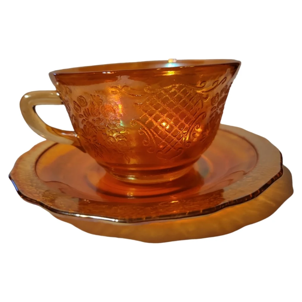 Federal Normandie Lattice & Daisy Sunburst Depression Glass Tea Cup Saucer 1934 - Picture 12 of 13